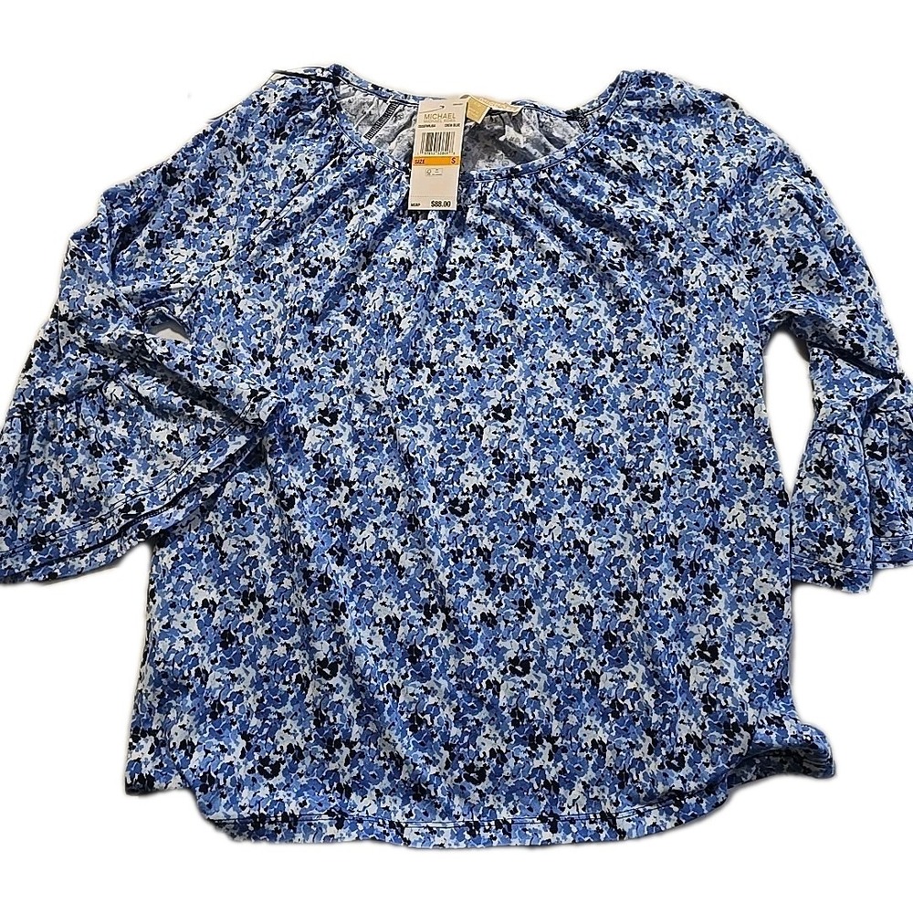 MICHAEL KORS Women's Blue Floral 3/4 Elastic Ruffle Sleeve Top Small
